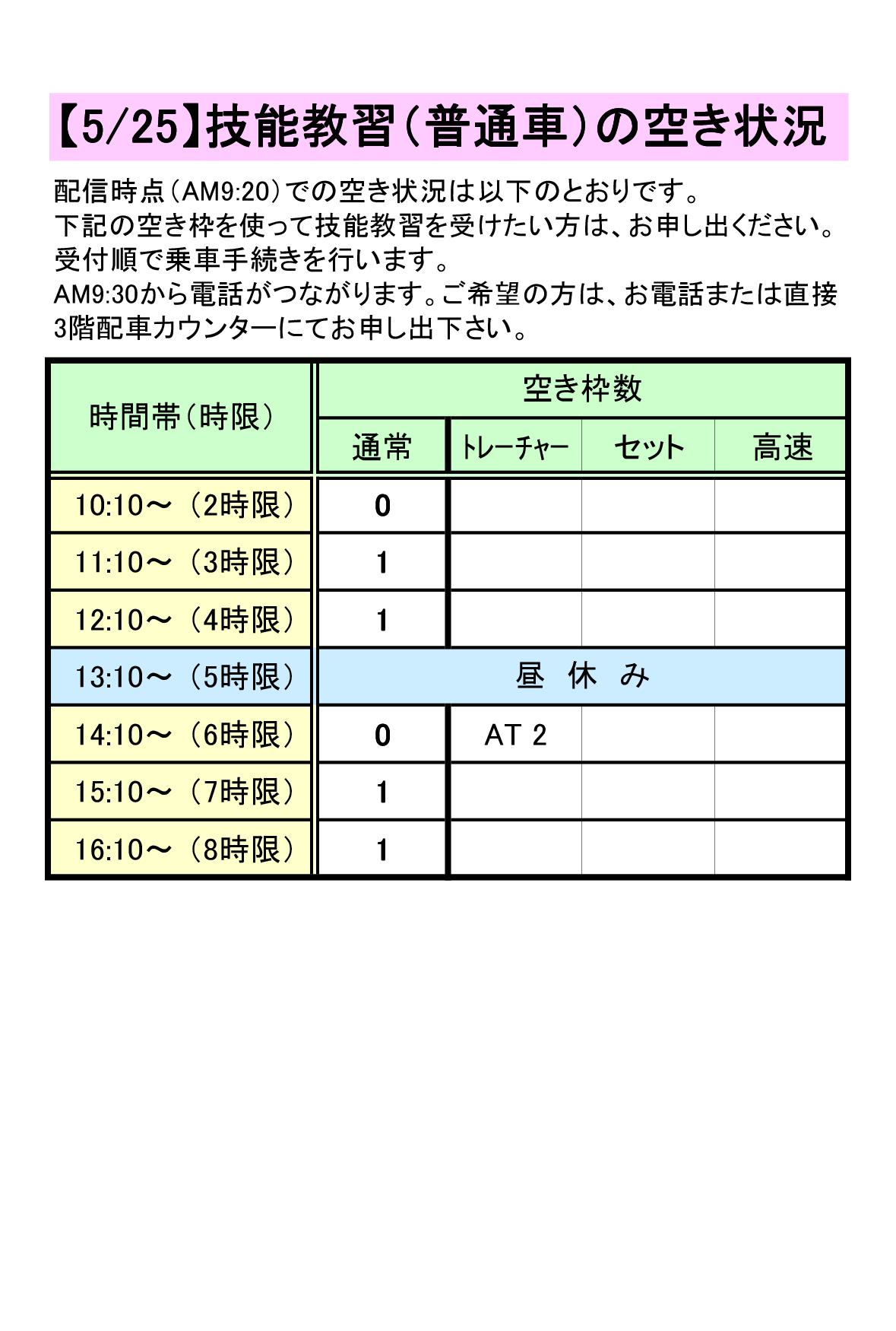 普通車技能教習の空き枠情報