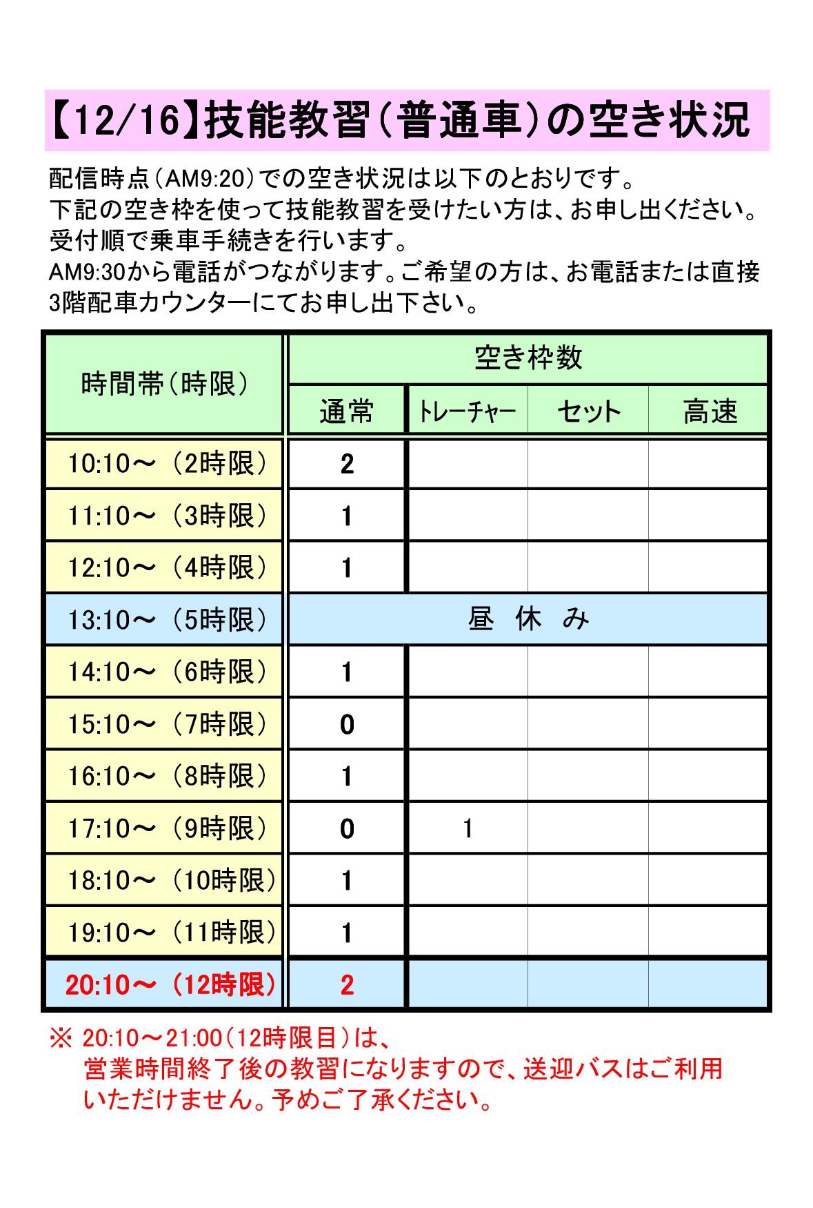 普通車技能教習の空き枠情報