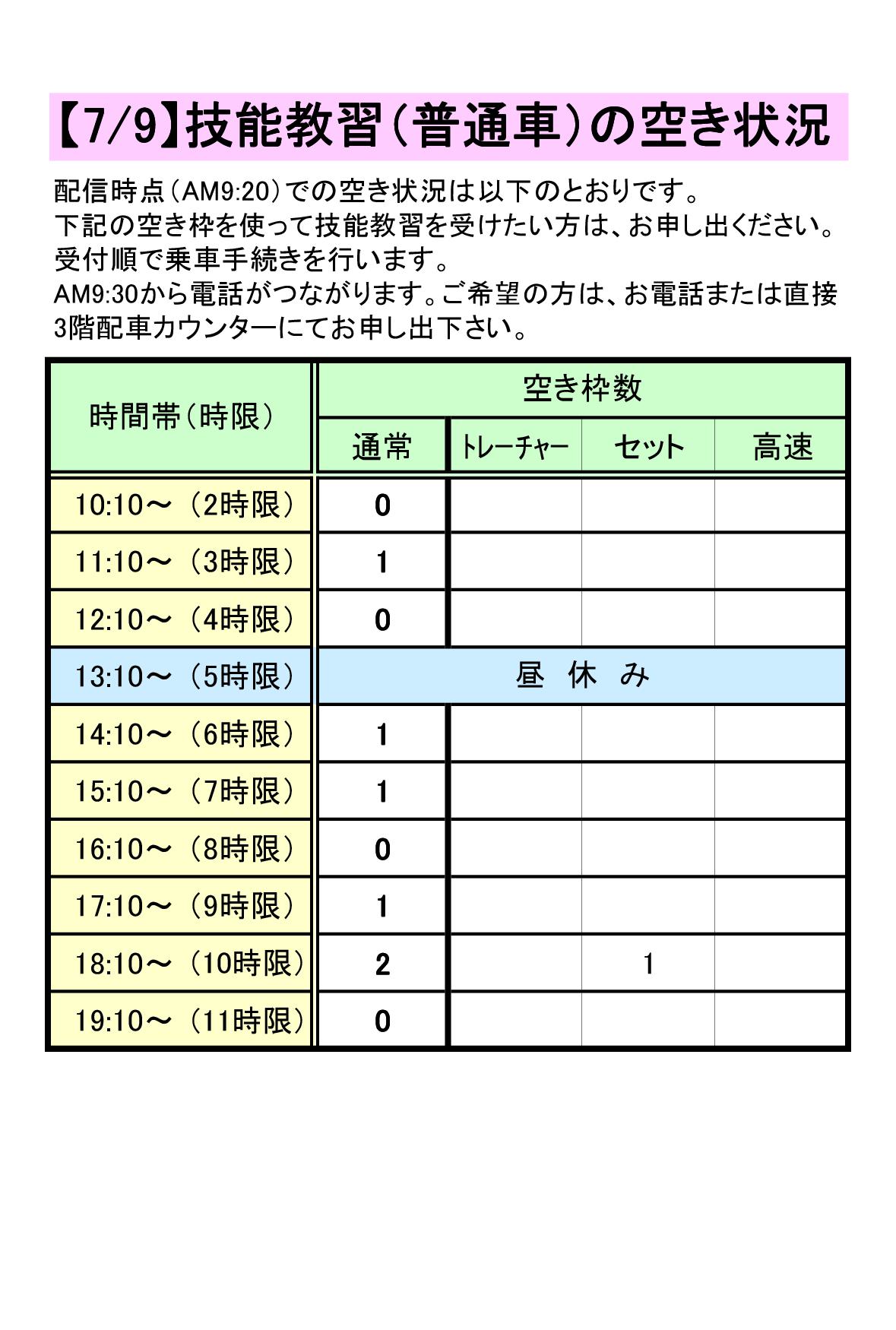 普通車技能教習の空き枠情報